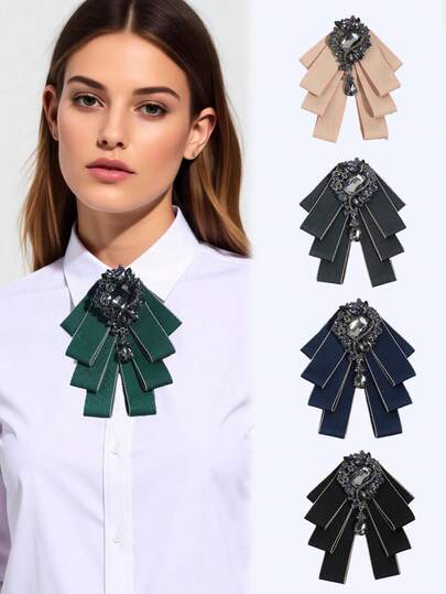 1pc Women's Fashion Versatile Faux Crystal Pendant Decor Necklace Bow Tie, Black/Green/Beige/Navy/Gray, Suitable For Street, School, Daily Wear