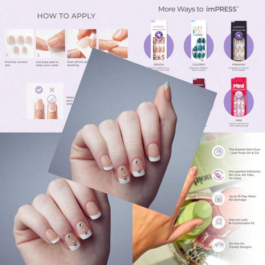ImPRESS No Glue Mani Press On Nails Design 'Falling' White Short Size Squoval Shape Includes 30 Nails Prep Pad Instructions Sheet 1 Manicure Stick 1 Mini File-B099 - trắng - Xem 1