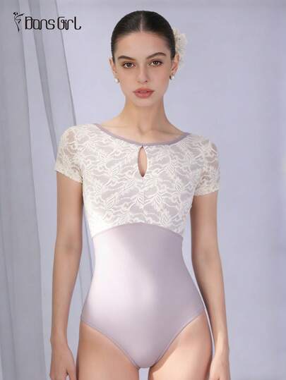 DonsGirl 1件女士高级薰衣草色蕾丝短袖芭蕾舞紧身衣，镂空设计，露背剪裁，适合舞蹈练习和演出穿着。