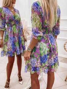 ChicMe Women's Elegant Floral Layered V-Neck Long Sleeve Dress, Waist-Cinched Pleated Ruffle Chiffon Vacation Style Flared Mini Dress, Summer Style - Lilac Purple - View 3