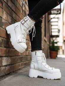 Gothic Ankle Boots For Women Round Toe Wedges Side Zipper Eyelet Reverts Metalic Bear Lace Up Punk Boot Y2K Nightclub Party Outdoor Motorcycle Riding Fashion Wedding Dressy Business Casual Work Easter Spring Festival Summer Womens Short Combat Booties White Boots - 白色 - 查看 3