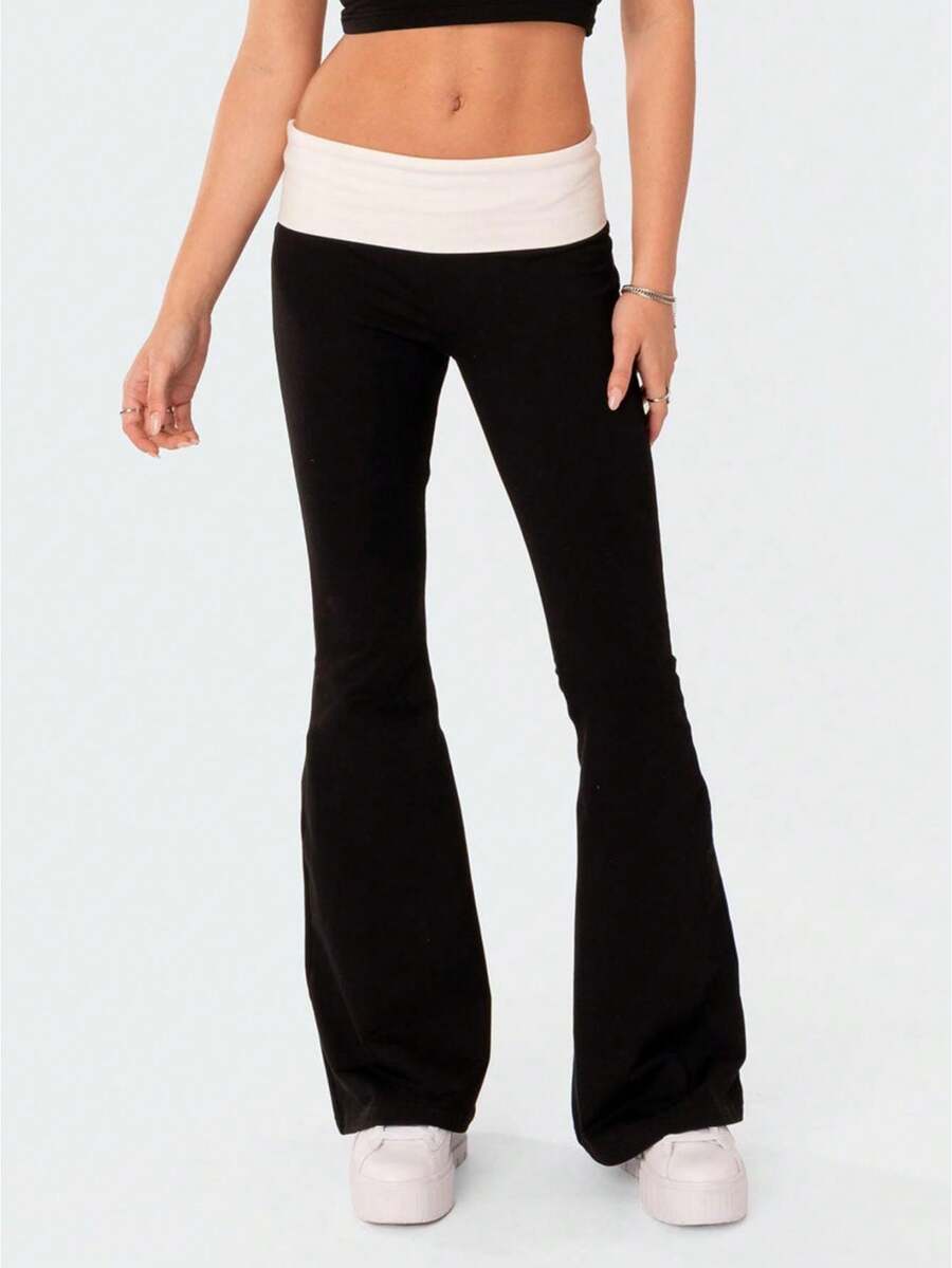 Coquette Cute Flare Bell Bottom Y2k Pants For Women Fold Over Leggings Slim Fit Yoga Pants Y2k Joggers Streetwear - 黑色 - 查看 1