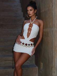 Women's Minimalist Elegant Knit Dress, Casual Chic Style, Spring/Summer - White - View 3