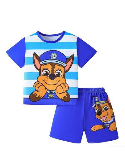  2pcs PAW Patrol Boys' Outfit, Includes Blue Cartoon Puppy Print Short Sleeve T-Shirt And Shorts, Comfortable Casual Sleepwear/Loungewear For Boys, Suitable For Daily, Holiday, Gift