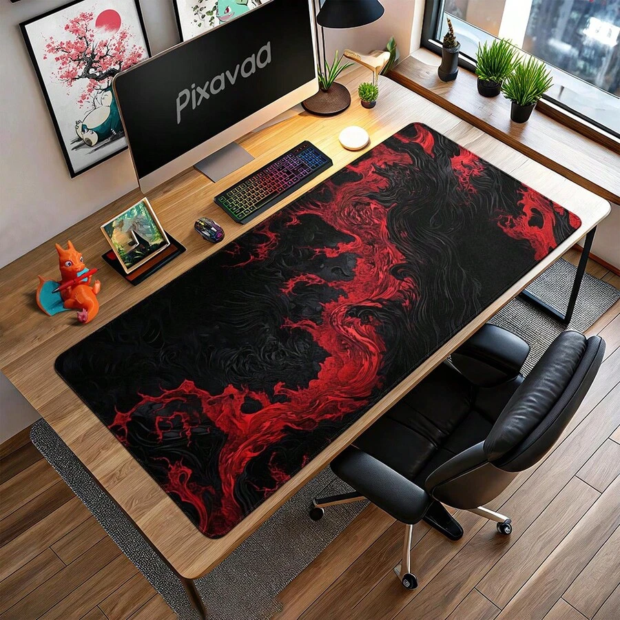现代红色流体艺术鼠标垫，漩涡墨迹设计，大号桌面垫，抽象黑色烟雾办公装饰，酷炫游戏玩家礼物 - 查看 1