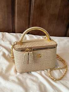 1pc New Minimalist Casual Versatile Woven Straw Lunch Box Bag, Chain Strap Shoulder Crossbody Bag, Holiday Best Seller Small Shoulder Crossbody Bag , Beach - 卡其色 - 查看 7