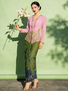 1pc Floral Print Elegant Nyonya Kebaya Skirt For Women, Green Skirt (Top Not Included), Spring/Summer - Dark Green - View 5