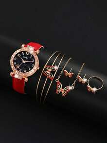 SOKI SOKI Quà tặng Ngày của Mẹ, Đồng hồ nữ, 1 bộ, Bộ đồng hồ thạch anh mặt tròn thời trang và thanh lịch, kèm theo dây chuyền mặt hình bướm, bông tai, nhẫn và vòng tay. Hoàn hảo để đeo hàng ngày, làm quà sinh nhật, quà tặng mùa tựu trường, quà Lễ Tạ ơn và những dịp lãng mạn. Món quà tuyệt vời nhất (Không bao gồm hộp quà) - Đỏ - Xem 3