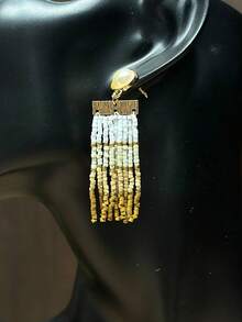 AHAYA 仿珍珠金属切片短流苏耳环，波西米亚风串珠手工垂坠玻璃珠首饰，女士时尚串珠配饰，适合日常和节日佩戴 - 棕色 - 查看 2