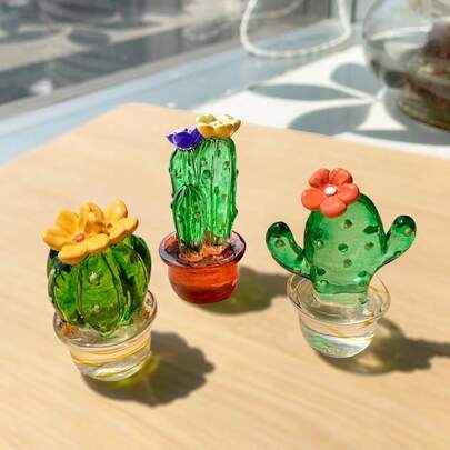 4pcs/Set Creative Realistic Cactus Car Rearview Mirror Decor, Transparent Resin Crafts, Suitable For Computer Monitor, Office, School And Other Spaces