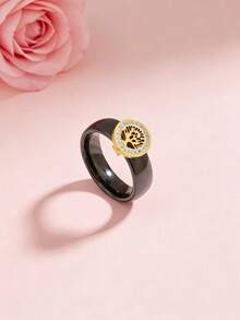 1pc 18K Gold Plated Stainless Steel Life Tree Ceramic Cubic Zirconia Ring, Women's Jewelry, Wedding Party Date Gift - Black Gold - View 1