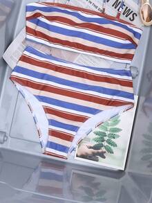 Conjunto de bikini de rayas casual de verano para playa y vacaciones - Marrón - Ver 7