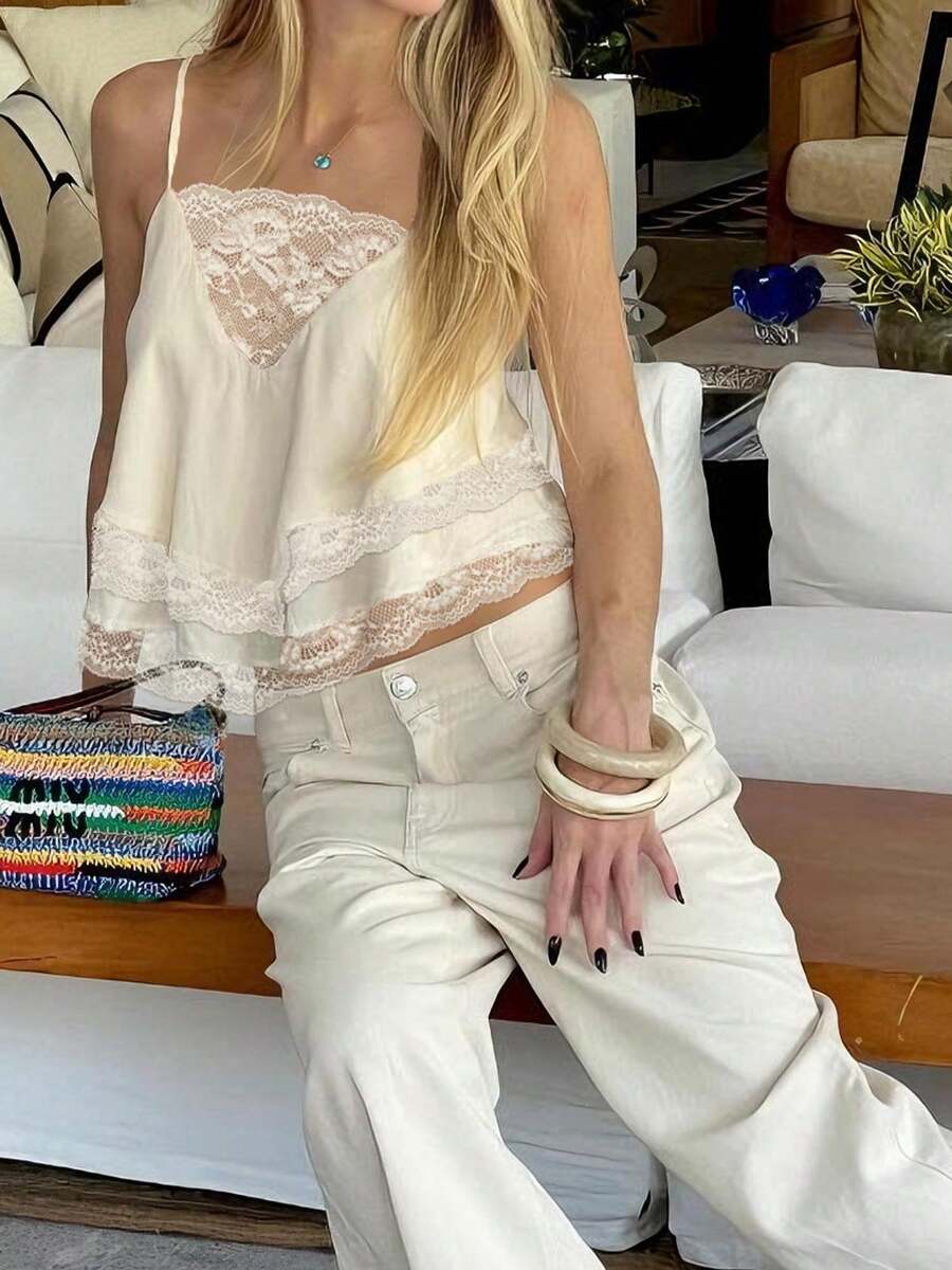 Womens Sheer Lace Camisole Top, Spaghetti Strap Sexy Transparent Tank For Party, Club, Summer Layering - White - View 1