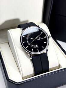 1pc Fashion Business Round Dial Men's Watch With Calendar Display, Silicone Strap And Magnetic Buckle, Suitable For Daily Wear And Great Gift Choice, No Packaging Included - Black - View 11