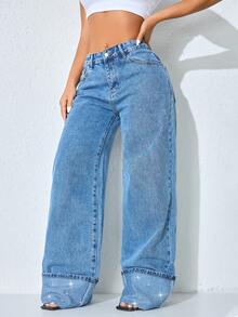 女士夏季低腰休闲牛仔裤，饰有水钻 - Blue Ambition - 查看 1