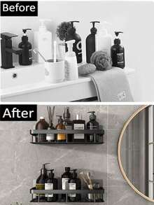 1pc No-Drill No-Hole Rust-Proof High-End Bathroom Kitchen Storage Rack Black Adhesive Bathroom Shelf - Multicolor - View 7