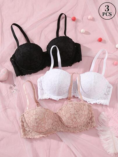 3pcs Strapless Lace Lining Push-Up Bras For Women, Detachable Straps, Supportive & Comfortable, Fashionable For Daily & Occasion Wear