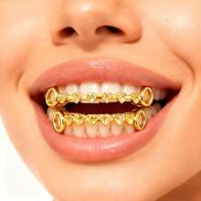 THATBOY 2pcs/Set Love Connection Hollow Zirconia Tooth Grillz, Copper Inlay, Hip Hop Style Jewelry, Cool Party Gift For Women - Multicolor - View 18