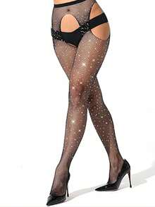 1pc Spring Summer Thin Sexy Garter Stockings Rhinestone Fishnet Stockings Hot Drilling Hollow Out High Elastic Pantyhose - Multicolor - View 6