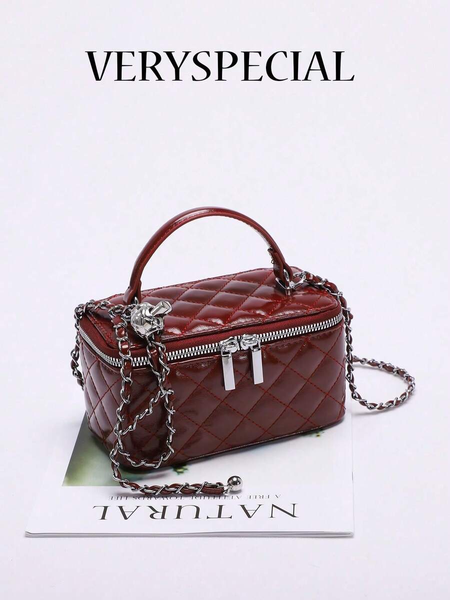 1pc Fashion PU Quilted Rhinestone Embroidery Box Bag, Zipper Small Square Bag, Women's Handbag With Chain Strap, Burgundy, Fashionable Burgundy Bag , Red Bag , Burgundy Bag