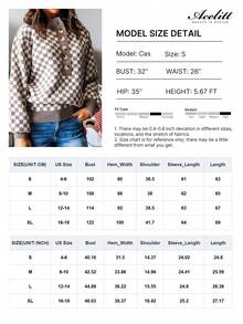 Acelitt 女士棕色棋盘格图案撞色罗纹宽松立领毛衣，冬季 - 彩色 - 查看 4