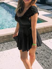 Women Summer Short Dress Solid Color Ruched Bust Boat Neck Off Shoulder Puff Sleeve A-Line One Piece For Ladies - Black - View 2