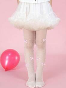 2pcs Larvakelly Girls' Rhinestone Glitter Bow Fishnet Tights, Sweet Style Girls' Leggings For Spring/Summer - White - View 3