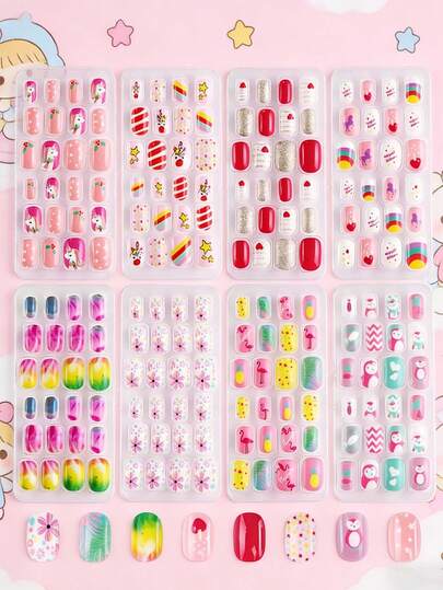192pcs/8 Boxes Kids Short Square Disposable Nail Stickers, Heart, Unicorn, Star, Rainbow Cute Cartoon Full Coverage Fake Nails Set, Valentine's Day Christmas Gift For Girls