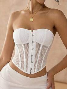 White Honeycomb Mesh Texture Bandeau Crop Top With Heart Neckline, Backless Criss-Cross Strap, Slim Waist Design, Breathable & Lightweight, Suitable For Dates, Parties, Sexy Look Summer - White - View 3