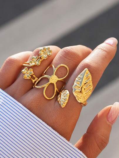 Frminee 3pcs/1pc Floral Gold-Plated Stainless Steel Ring Set, Featuring Stackable Flowers And Leaves. Simple 18K Gold-Plated Open-Loop Design, Hypoallergenic, Rust-Resistant, Fashionable Jewelry For Women.
