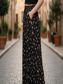 Saia Plus Size Cos Elastico Fenda Lateral Com Forro E Bolsos - PRETA FLORZINHA - Visão 10