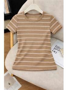 Women's Ribbed Cotton Striped Basic Two-Tone T-Shirt - Casual Autumn/Winter/Summer American Style - 條紋裸色 - 查看 2