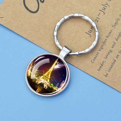 1pc Romantic Paris Eiffel Tower Time Gem Keychain Travel Memorial Keyring Party Accessories Fashionable And Romantic Night View Jewelry Couple Gift