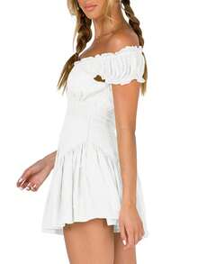Women Summer Short Dress Solid Color Ruched Bust Boat Neck Off Shoulder Puff Sleeve A-Line One Piece For Ladies - White - View 3