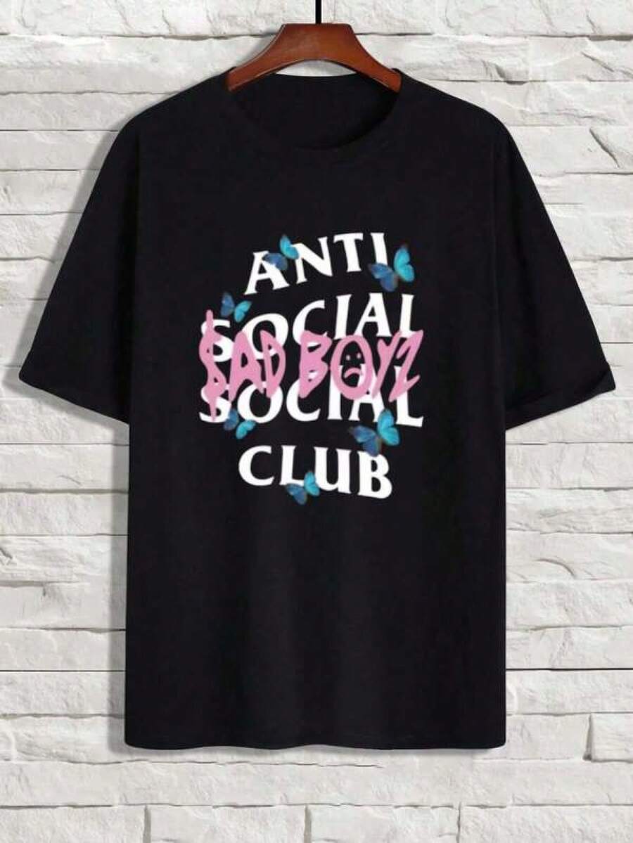 Men's Anti-Social Club Sad Boy Couple Matching 2026 Summer Short-Sleeve T-Shirt, Unisex 2026 Summer Daily Commuting Short-Sleeve T-Shirt, Unisex 2026 Summer Basic Short-Sleeve T-Shirt, Solid Color Simple, Not Easily Deformed, Suitable For Grocery Shopping - Black - View 1