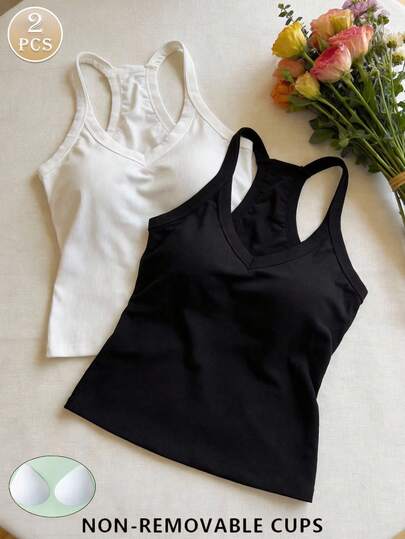 Set de 2 tops de tirantes de verano para mujer, camisetas básicas de unicolor ajustadas con almohadillas en el pecho