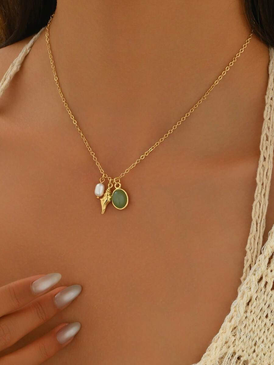 1pc Ocean Style Shell & Faux Pearl Crystal Necklace, Casual Vacation Daily Wear Gift For Women - Multicolor - View 1