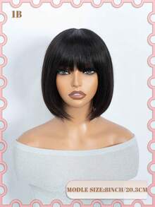 QVR QUEEN VIRGIN REMY QVR免胶直发波浪短波波头假发，带刘海，精灵短发造型，2*1迷你发际线，逼真自然假发 - Natural Black - 查看 4