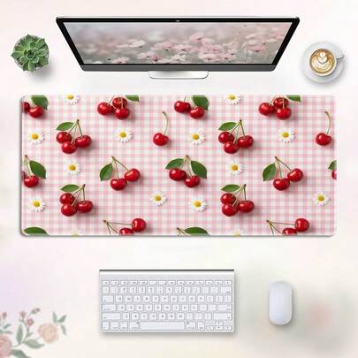 Süßer rosa karierter Kirschenmuster Gaming Mauspad, süßer großer Gänseblümchen Büro Schreibtischunterlage, Kawaii Stil Tastaturunterlage, rutschfeste große Schreibtischschutzunterlage, Retro Zimmer Deko Geschenk für Mädchen