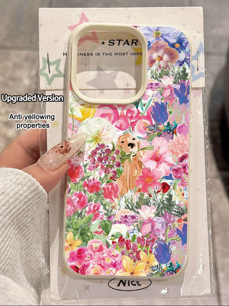 1个新款水彩花束和小狗图案纹理防滑软手机壳,兼容苹果和其他手机 - 彩色 - 查看 1