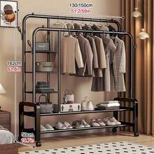 Heavy Duty Clothes Rail - Freestanding Metal Garment Rack With Double Hanging Rods, Shoe Rack & Storage Shelves, 4 Hooks For Bedroom, Office, Shop - A - Ver 2