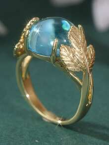 Cincin Daun Maple Antik dari Tembaga, Bertatahkan Batu Permata Biru, Cocok untuk Pemakaian Sehari-hari Wanita - Emas - View 6