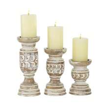 Tri-Level Wooden Candlestick Set With Light Brown And Whitewashed Finish, 6, 8, And 10 Inches Tall - Multicolor - View 2