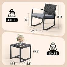 Juego de 3 piezas de muebles de porche, mecedora de patio, conjunto de bistró, sillas de patio al aire libre, conjuntos de conversación de ratán con mesa de centro para porche delantero, jardín, balcón, patio trasero, junto a la piscina. - Gris - Ver 10