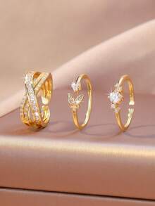 Bộ 3 chiếc vòng tay tối giản nhiều lớp đính đá Zirconia hình thánh giá và bướm, có thể điều chỉnh kích thước, kiểu dáng mở, độc đáo, đa năng, trang sức vàng dành cho nữ đeo hàng ngày. - Vàng - Xem 1