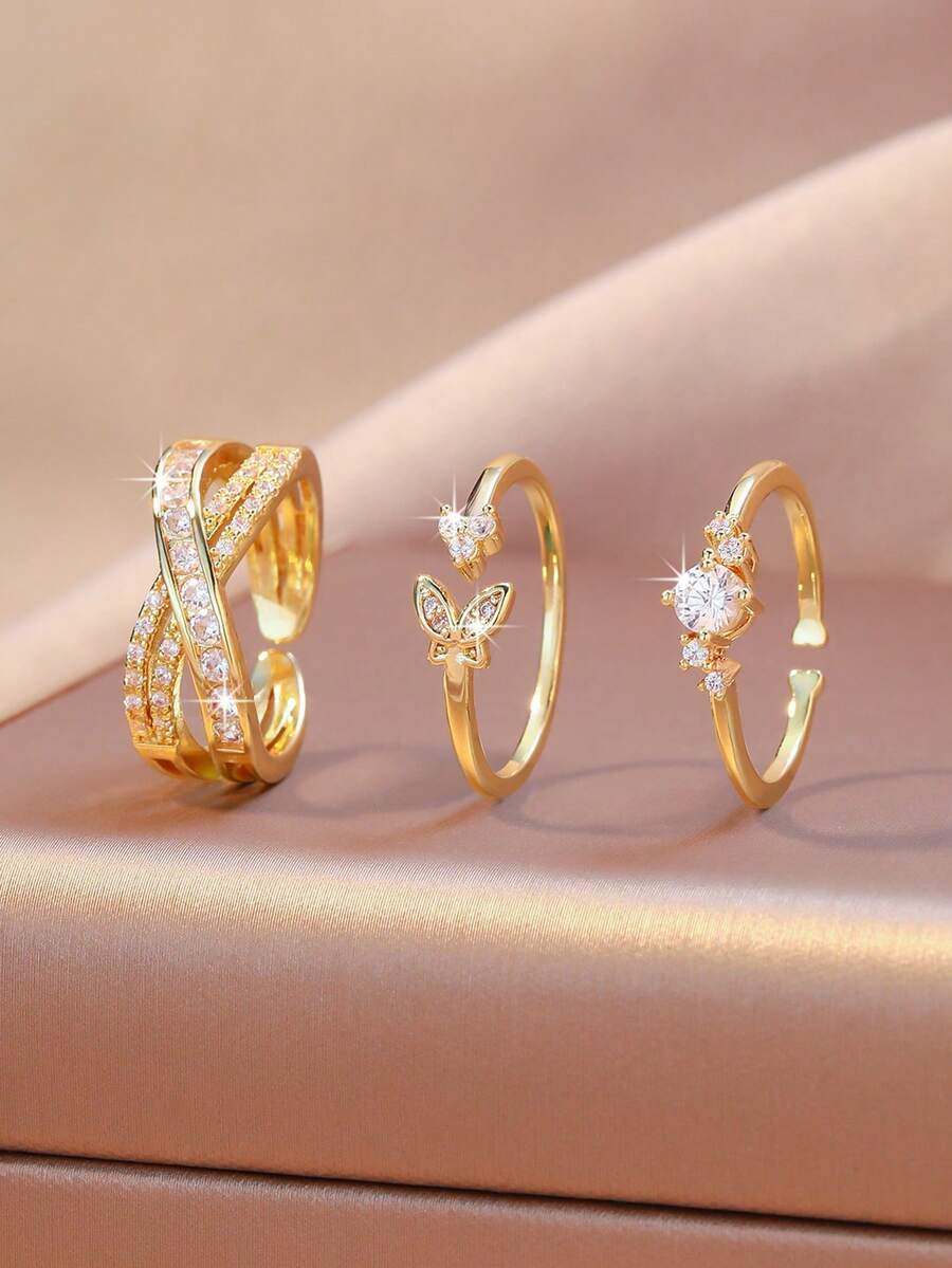 Bộ 3 chiếc vòng tay tối giản nhiều lớp đính đá Zirconia hình thánh giá và bướm, có thể điều chỉnh kích thước, kiểu dáng mở, độc đáo, đa năng, trang sức vàng dành cho nữ đeo hàng ngày. - Vàng - Xem 1