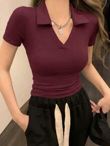 Women's Polo Shirt, Short Sleeve, Ribbed Cotton, Simple, Casual, Knit, Everyday Wear - 酒紅色 - 查看 4
