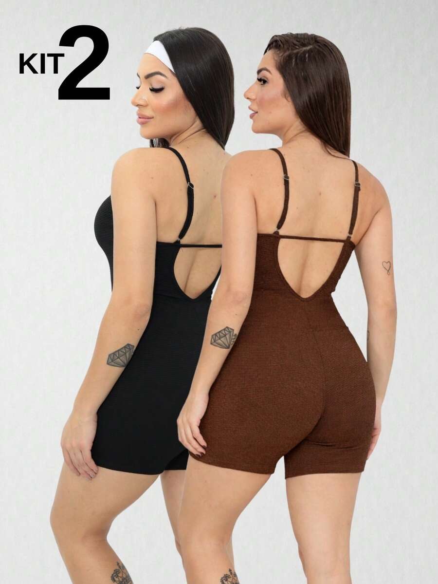 Set Of 2 Ribbed Jumpsuits With Straps For Women's Gym And Sportswear - Fitness - 巧克力棕 - 查看 1