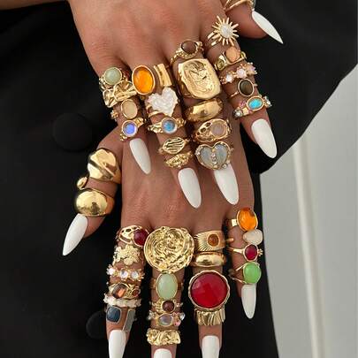 20/13/6pcs Vintage Elegant Bohemian Style Women Irregular Pleated Colorful Gemstone, Cat Eye Stone, Sunflower, Heart Shaped Multi-Element Combination Metal Ring Set, Suitable For Women's Daily, Party, Wedding, Holiday, Valentine's Day, Date Wear, Gift (Random Delivery)