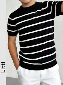 Tween Boys Casual Striped Crew Neck Short Sleeve Knit T-Shirt, Summer Top - Black - View 1